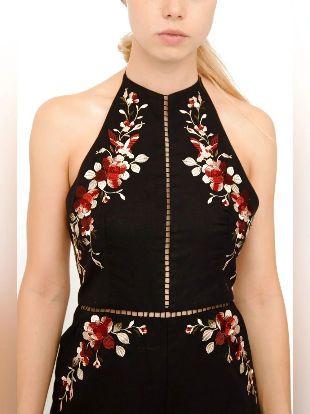 Zimmermann Black Linen & Cotton Floral Embroidered Halter Tie Romper Jumpsuit